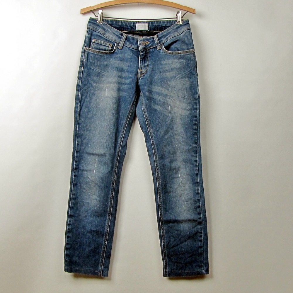 Motivi Women Jeans Size 4 Tapered Legs Low Rise Medium Wash Distress Rhinestones
